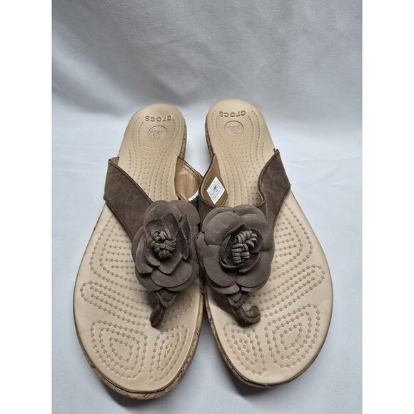 Crocs Size 10 ALeigh Flower Leather Flip Flop Sandal Cork Platform Wedge Brown - Picture 5 of 11